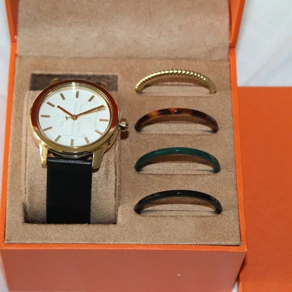 NIB TORY BURCH GIGI GOLD CASE BLACK LEATHER WATCH TOP RINGS GIFT SET TBW2018 - Picture 3 of 12